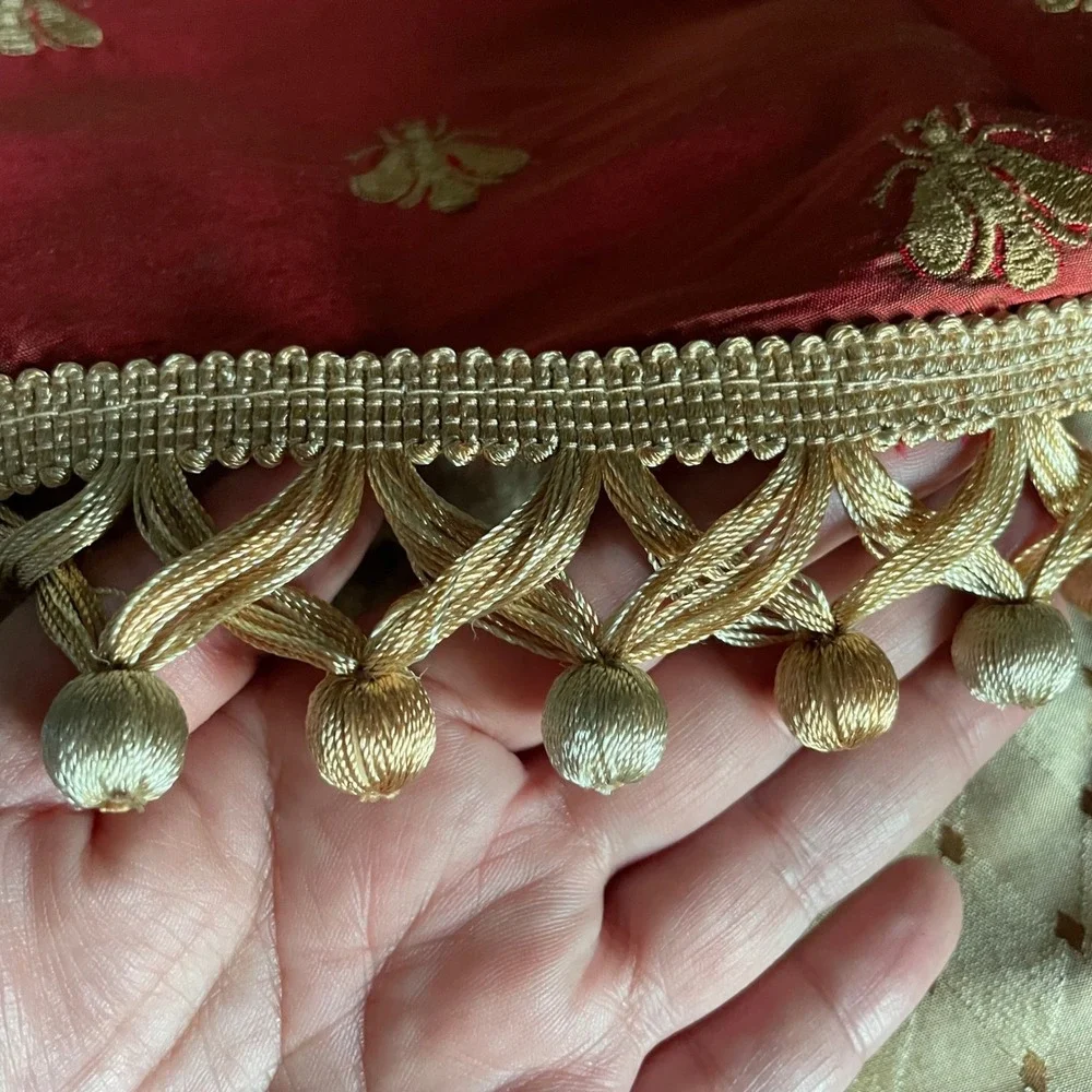 Bumblebee Glory Valance silk window treatment embroidered gold bumblebees red
